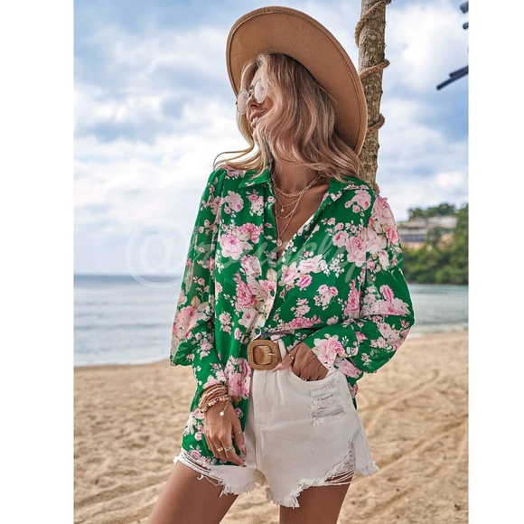 Green Button Down Shirt Long Sleeve Rose Floral Print Pink - Picture 5 of 11